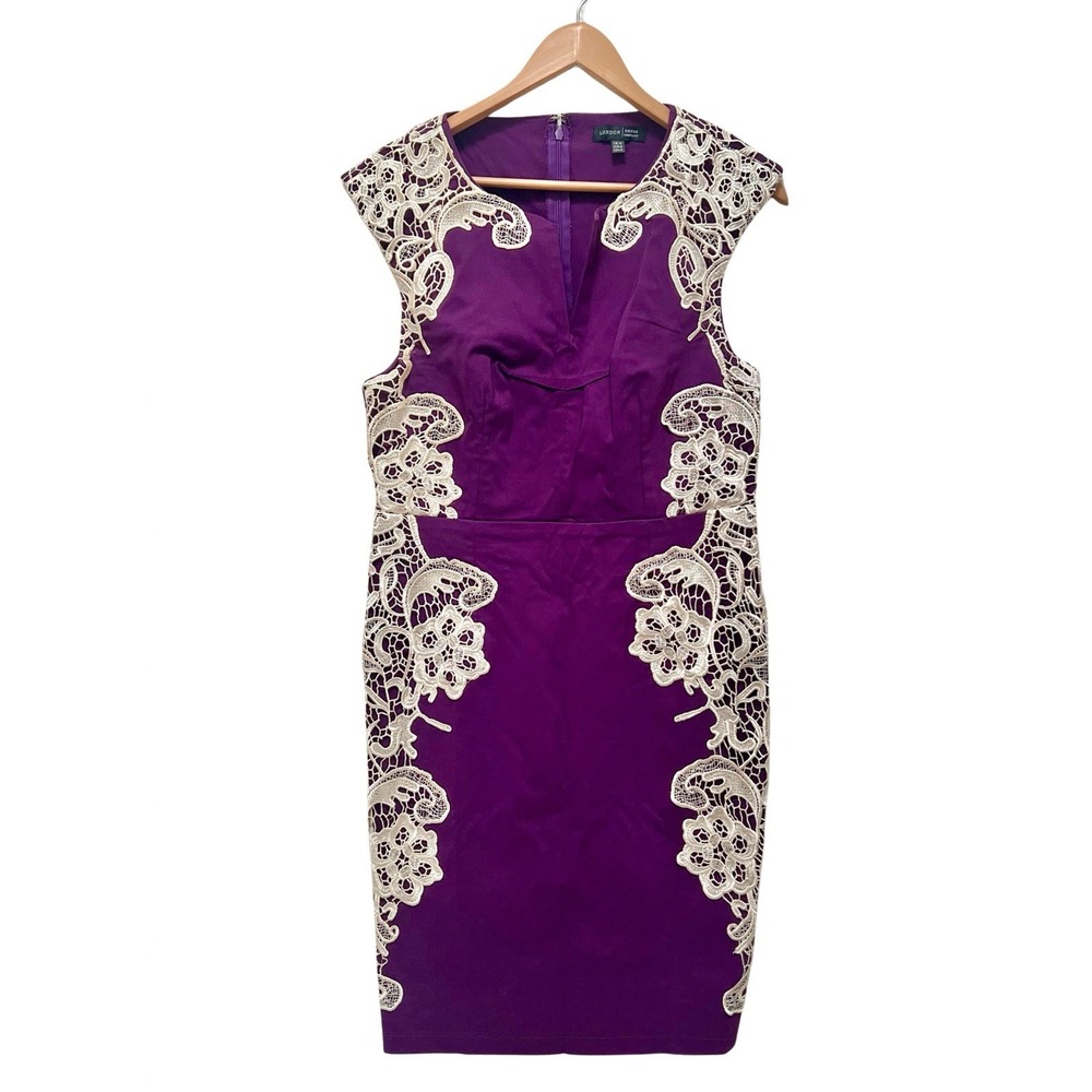 London Dress Company Purple Lace Applique Sheath Dress USA 14 Notched Cocktail